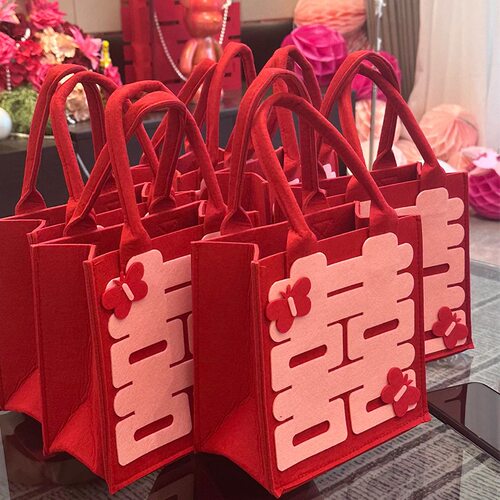 新中式结婚喜庆新娘包伴娘伴手礼蝴蝶喜字毛毡包手提袋回礼礼品袋