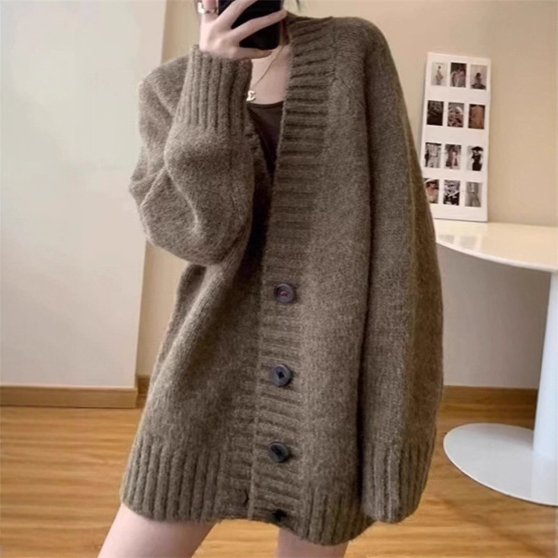 港味韩系慵懒风针织开衫女2025秋冬新款中长款小个子外穿毛衣外套