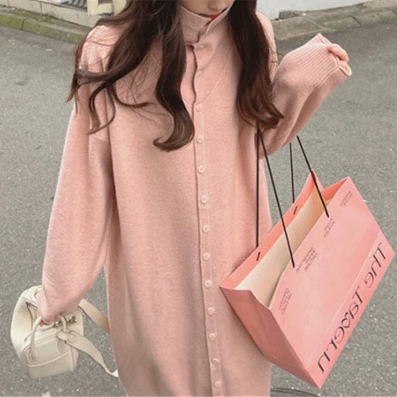 韩版翻领时尚休闲针织连衣裙女秋冬新款宽松显瘦过膝中长款毛衣裙