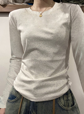 美式正肩灰色长袖T恤女显瘦秋冬新款内搭小众收腰修身打底衫上衣
