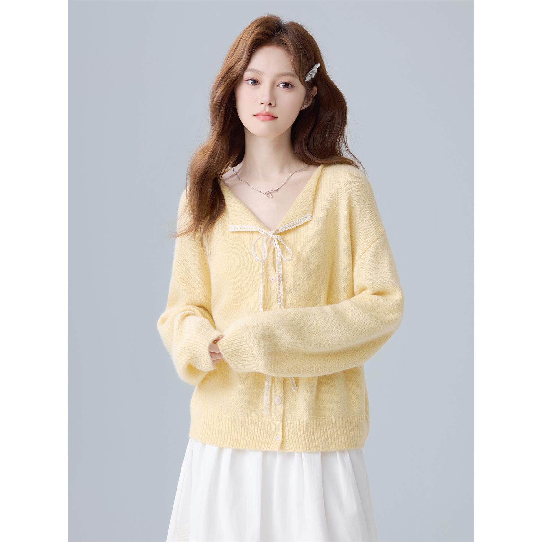 温柔风蕾丝系带黄色长袖针织开衫女春秋2025秋韩系薄毛衣外套上衣