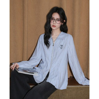 蓝色polo领长袖衬衫女春