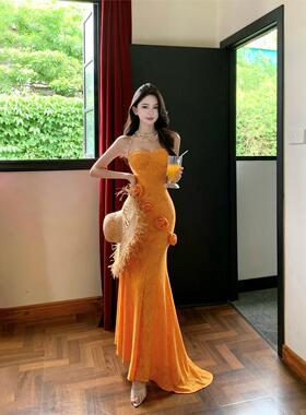 法式绝美氛围感橙色花朵抹胸连衣裙女性感修身海边度假晚礼服长裙