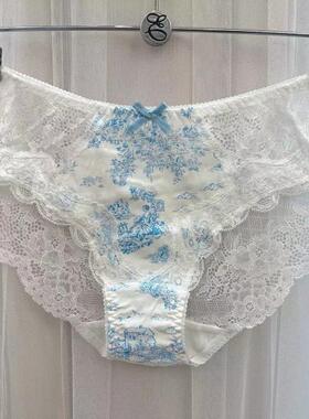 韩国EBLIN透气蕾丝性感时尚精美青花瓷刺绣短裤修身舒速女平角裤