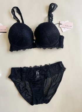 韩国EBLIN黑色时尚上薄下厚蕾丝诱惑透气舒适性感聚拢女内衣套装