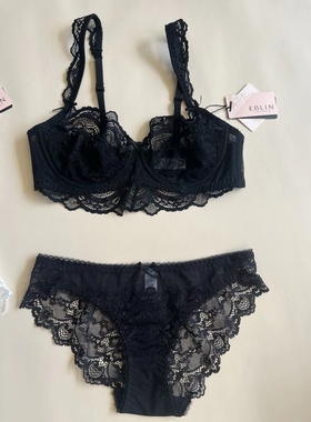 韩国EBLIN黑色时尚蝴蝶结性感蕾丝肩带透气舒适聚拢女士内衣套装
