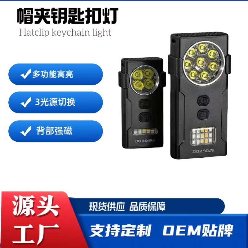 新款跨境便携头灯磁吸强光超长续航户外充电应急钥匙扣灯红蓝手电
