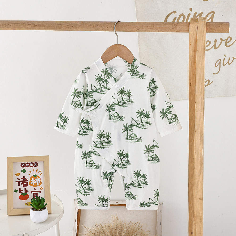 新生儿衣服婴儿连体衣纯棉初生宝宝哈衣爬服长袖系带四季款两件装