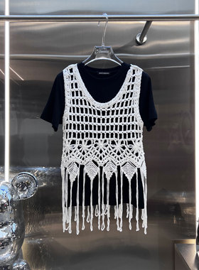 0MB.欧洲站新品深圳南油气质百搭叠穿上衣镂空流苏背心T恤两件套