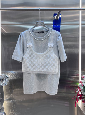 0MB.欧洲站新品BābyChìlling假两件背心上衣蕾丝吊带短袖T恤女