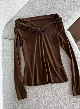 0MB.欧洲站新品一字领立体花朵减龄上衣辣妹性感露肩百搭时尚上衣