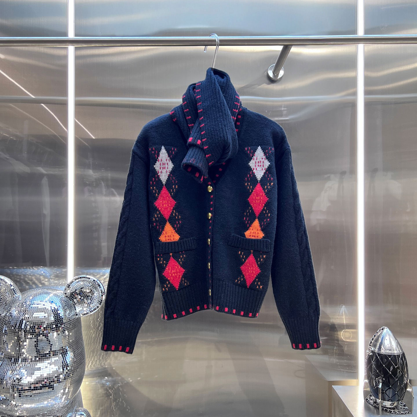 0MB.欧洲站新品英伦风凌格毛衣开衫围巾宽松单排扣时髦针织衫外套