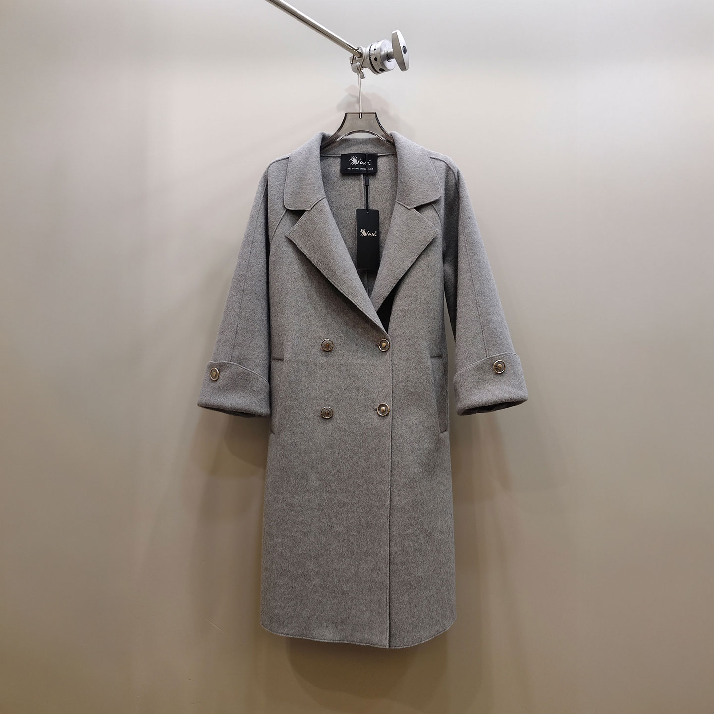 0MB.欧洲站新品HELMCH羊绒双面呢大衣双排扣金丝亮丝百搭毛呢外套