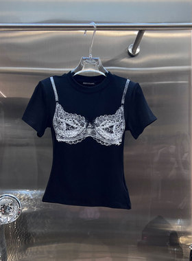 0MB.欧洲站新品性感印花圆领短袖显瘦T恤蕾丝假两件时尚减龄上衣