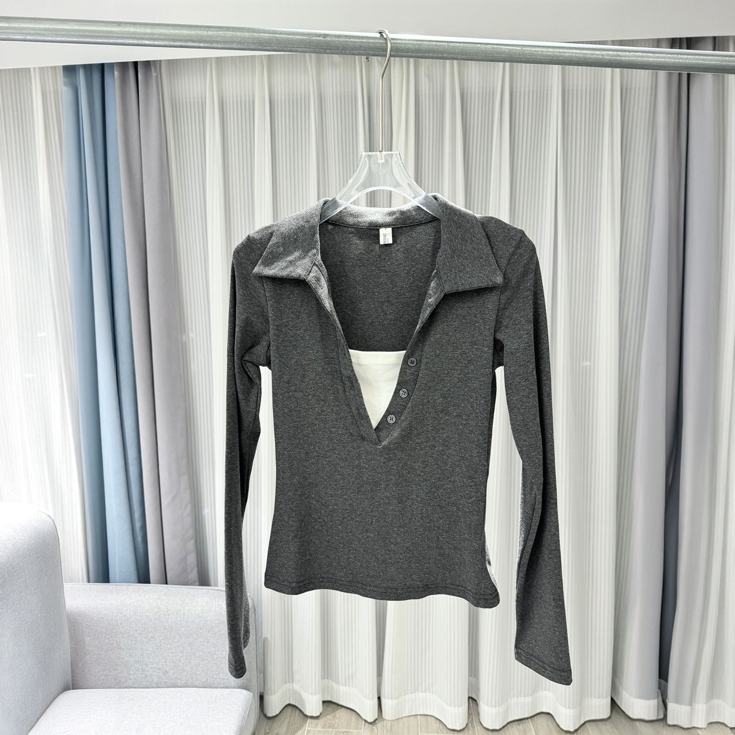 0MB.欧洲站新品美式复古假两件撞色辣妹上衣polo深V领针织长袖t恤