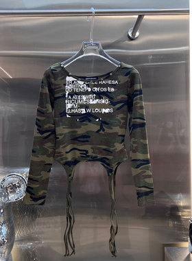 0MB.欧洲站新品辣妹修身减龄打底衫飘带铆钉字母印花小版长袖T恤