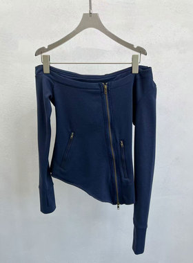 0MB.欧洲站新品辣妹拉链百搭设计感上衣斜襟露肩修身减龄连帽卫衣