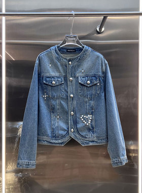 0MB.欧洲站新品圆领减龄百搭立体口袋上衣爱心水钻洗水牛仔外套女