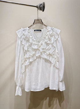 0MB.欧洲站新品HELMCH深圳南油宽松荷叶边衬衫减龄百搭时髦上衣女
