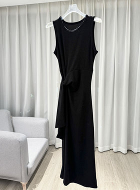 0MB.欧洲站新品修身设计感收腰无袖中长款连衣裙减龄绑带背心裙潮