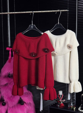 0MB.欧洲站新品法式时尚一字肩毛衣慵懒高级松弛感设计感针织上衣