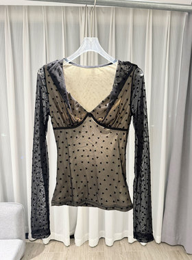0MB.欧洲站新品性感辣妹风爱心纱纱长袖打底衫波点网纱长袖上衣女