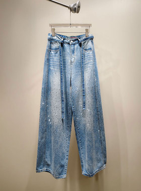 0MB.欧洲站新品HELMCH英伦风重工烫钻蓝色长裤加绒阔腿百搭牛仔裤