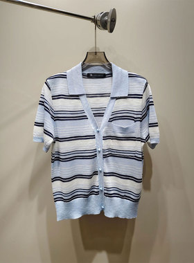 0MB.欧洲站新品HELMCH英伦风文艺轻熟条纹短袖针织衫洋气百搭上衣