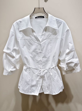 0MB.欧洲站新品HELMCH南油高端计感系带长袖上衣减龄口袋褶皱衬衫