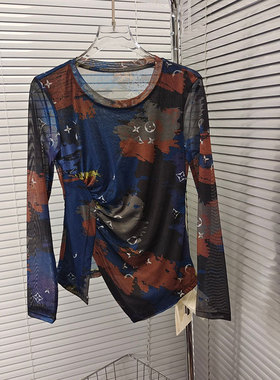 0MB.深圳南油小众新品圆领不规则褶皱长袖打底衫薄修身网纱上衣女