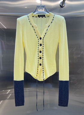 0MB.欧洲站新品辣妹撞色镂空微透视上衣V领纽扣修身收腰针织衫女