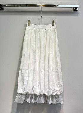 0MB.欧洲站新品松紧腰显瘦休闲半身灯笼裙下摆压褶设计时髦半身裙