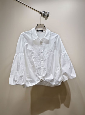 0MB.欧洲站新品HELMCH深圳南油刺绣灯笼袖衬衫百搭时尚减龄上衣女