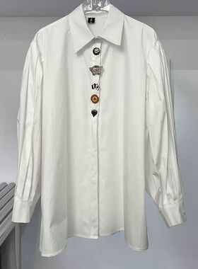 0MB欧洲站南油小众高级徽章泡泡袖衬衫英伦单排扣蓝色条纹衬衣女