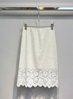 0MB.欧洲站新品法式花边松紧腰半身裙时尚性感开叉亮片减龄中裙女
