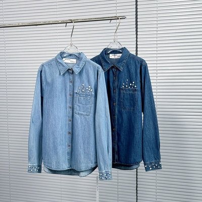 0MB.欧洲站新品英伦风南油高端宽松百搭上衣重工钉珠翻领牛仔衬衫