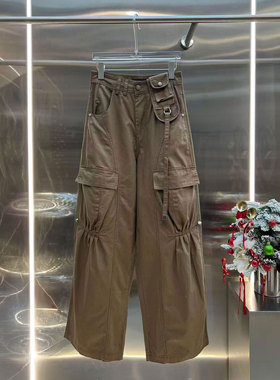 0MB.欧洲站新品复古显瘦高腰褶皱口袋长裤百搭减龄休闲通勤工装裤