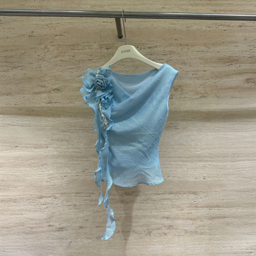 0MB.欧洲站深圳南油荷叶边荡领立体花钉珠背心女气质飘带无袖上衣