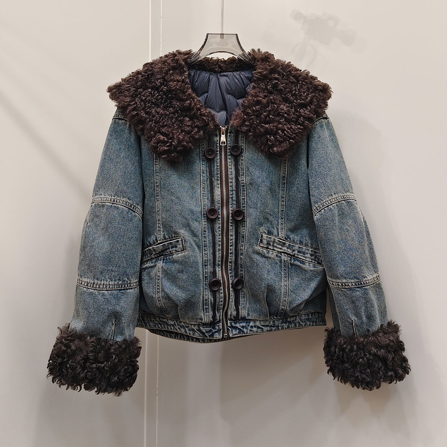 0MB.欧洲站新品HELMCH南油高端大毛领牛仔外套保暖洋气减龄羽绒服