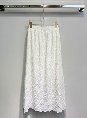 0MB.欧洲站新品镂空高腰白色半身裙轻奢重工提花百搭时尚中长裙潮