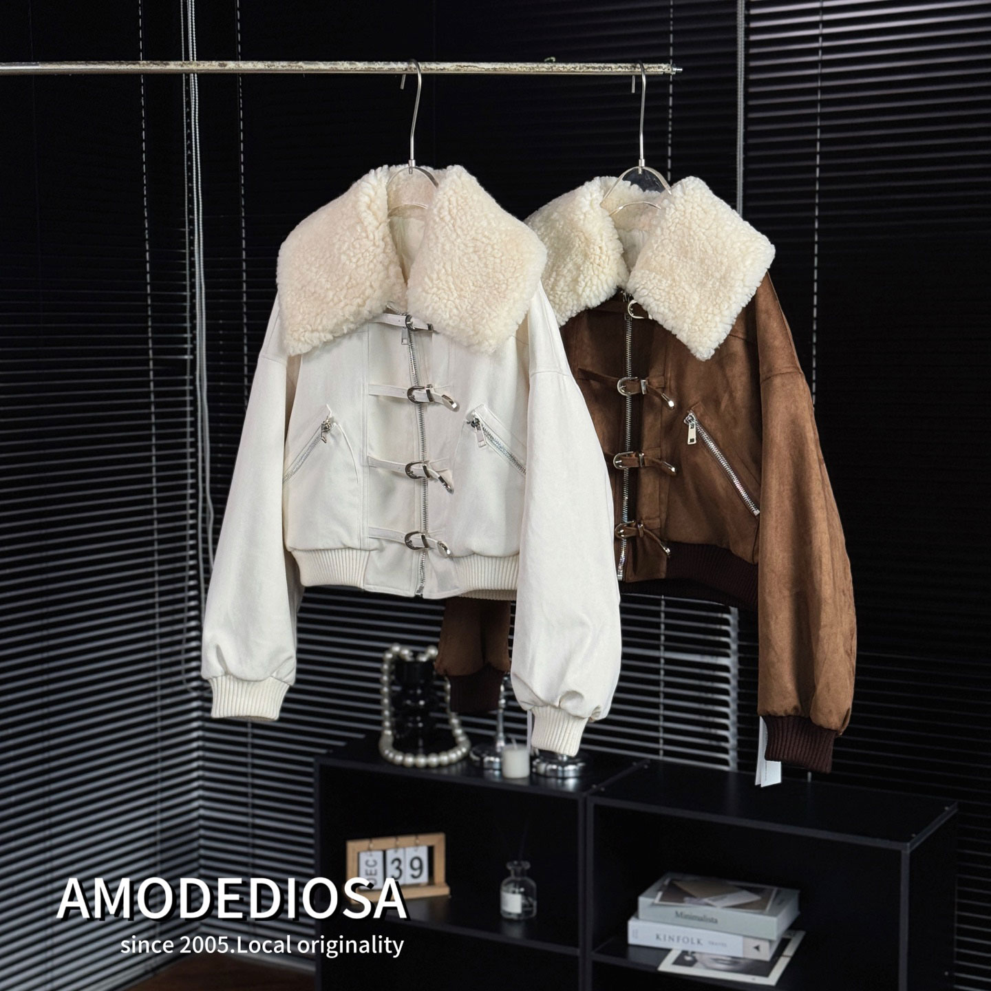 0MB.欧洲站新品英伦风鹿皮绒短款翻领羊羔毛羽绒服厚保暖夹克上衣