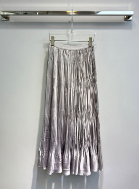 0MB.欧洲站新品深圳南油缎面百褶裙光泽度长裙光感裙压褶半身裙女