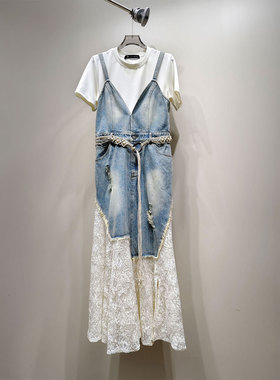 0MB.欧洲站新品HELMCH南油高端法式浪漫T恤不规则牛仔吊带裙套装