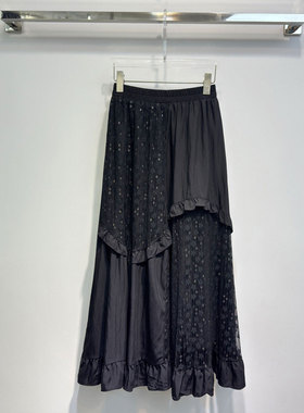 0MB.欧洲站新品英伦风设计感不规则中长裙子蕾丝拼接百搭半身裙女