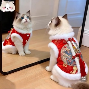 新年小福宝 狗狗猫咪秋冬加厚保暖刺绣棉衣春节黑红色