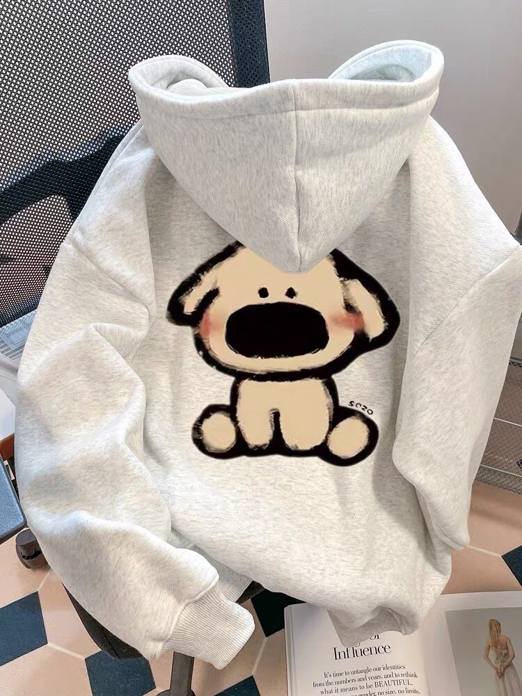 小众学院风连帽狗狗印花卫衣女春秋冬季新款大码百搭加绒加厚外套