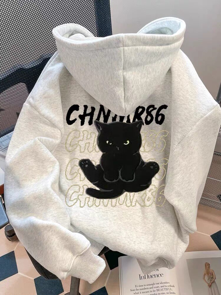 银狐绒潮流猫咪印花连帽卫衣情侣秋冬季学生宽松百搭休闲上衣外套