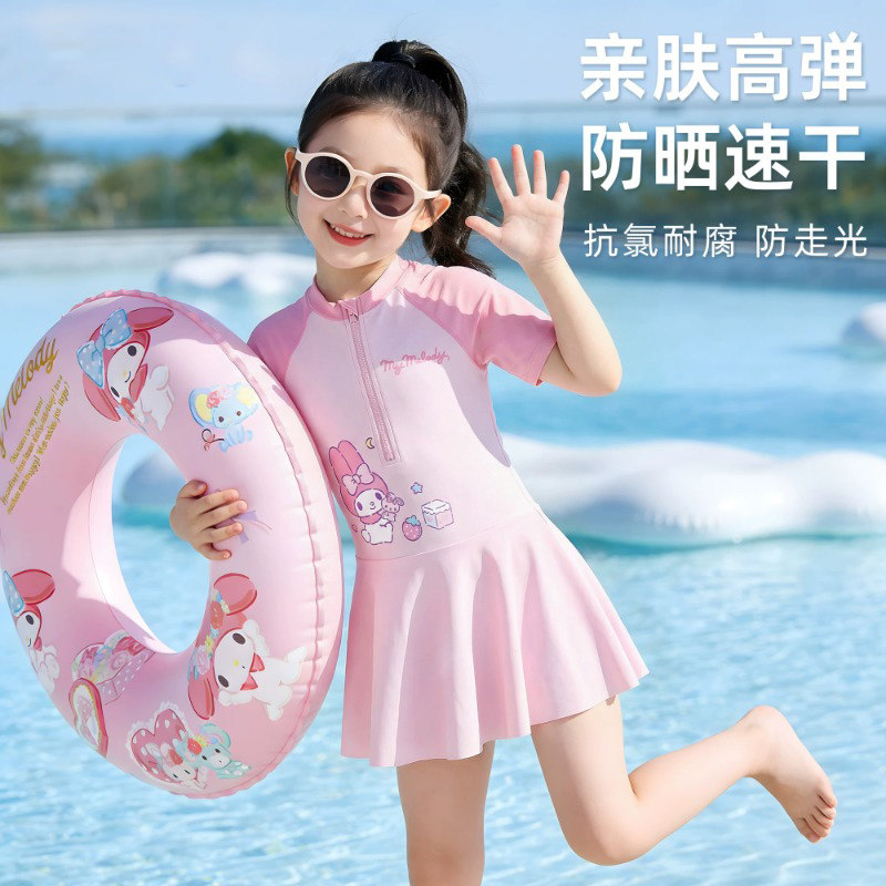女童卡通糖果风连体泳衣夏季甜美儿童防晒速干游泳衣裙带安全裤潮