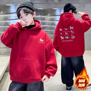 男童加绒卫衣2026新款秋冬款大儿童马年红色加厚冬装一体绒冬季潮