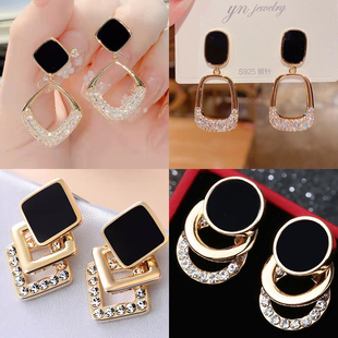 s925银针简约爆款轻奢设计感几何菱形镶钻耳环网红气质高级感耳坠